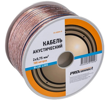 Кабель акустический 2х0,75мм², прозрачный BLUELINE, 100м PROconnect, 01-6204-6