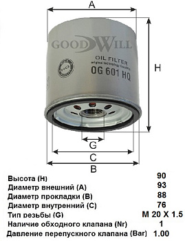 Фильтр масляный OG 601 HQ \481H1012010\GOODWILL   CHERY CHANCE ,TIGGO (MANN. W920/82)  (VIC. C-512)