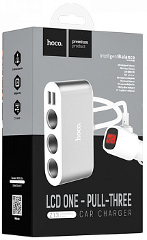 Разветвитель в прикуриватель 3 гнезда+вольтметр+2USB2.0, кабель 0,55м, серебристый HOCO Z13 0896