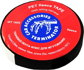 Terminator IZT 1925 fleece изолента черная тканевая, нетканый полиэстер флис, 0,3 мм, 19 мм, 25 м