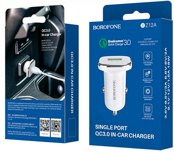 Адаптер в прикуриватель 1USB 3A Quick Charger 3.0, белый BOROFONE BZ12A 8687