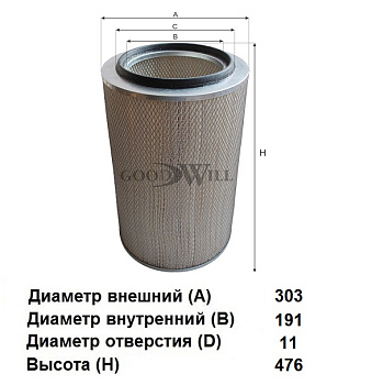 Фильтр воздушный AG 1003 \721110956010\GOODWILL   КАМАЗ ЕВРО-2/3 (A-68042) (MANN. C301537,C30850/3)