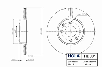 HD001, HOLA, Тормозной диск, вентилируемый, передний, Компл. 2 шт (260x22), LADA Largus,Vesta