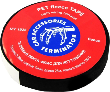 Terminator IZT 1925 fleece изолента черная тканевая, нетканый полиэстер флис, 0,3 мм, 19 мм, 25 м
