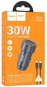 Адаптер в прикурив-ль PD30W+USB3.0 Quick Charge+кабель Lighting USB/Iphone, метал-к HOCO Z57A 3123